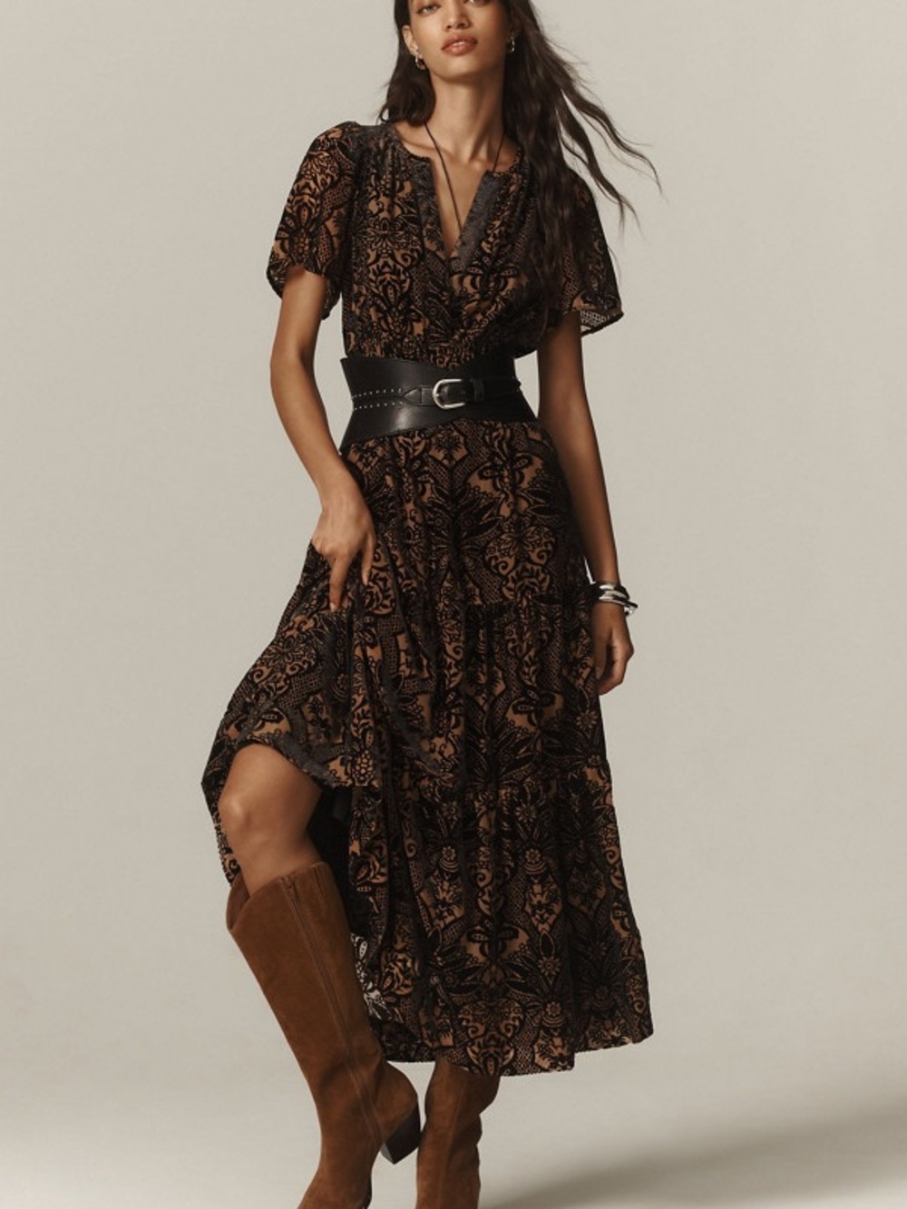Anthro Somerset Maxi Dress Velvet Lace Overlay in Brown and Black